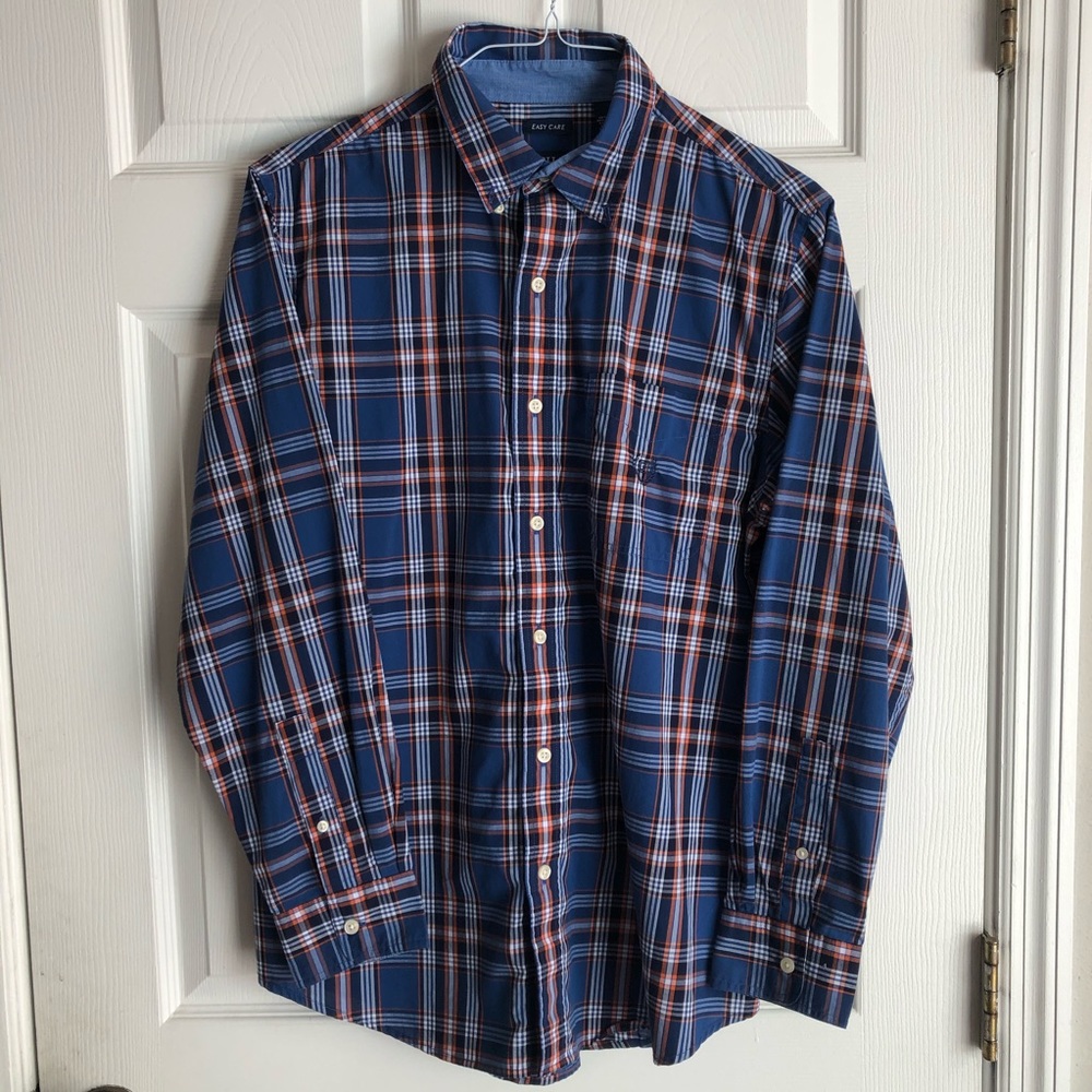 Chaps Collared Button Up Orange & Blue Plaid M